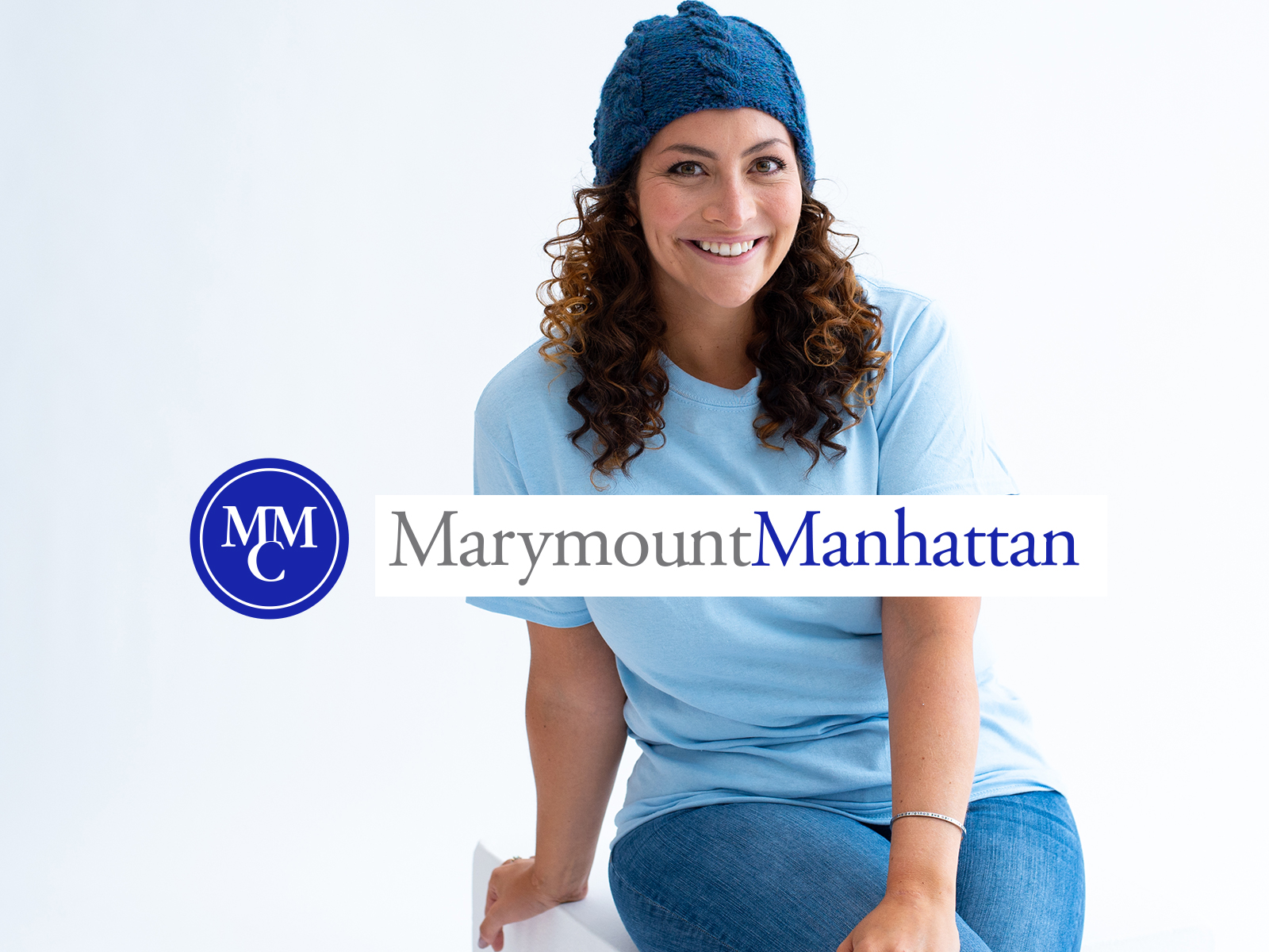 Marymount Manhattan logo overlaid on image of Shira in blue hat