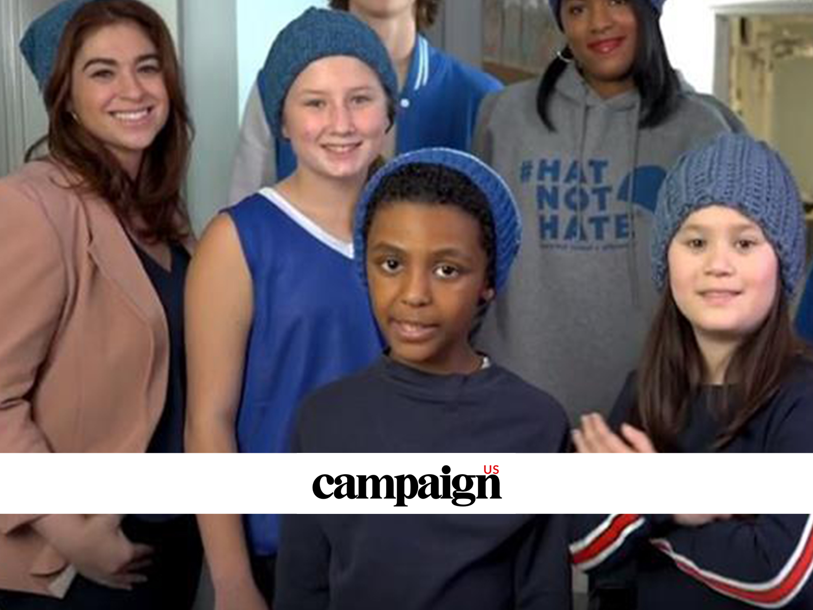 Campaign US logo overlaid on image of kids wearing blue hats