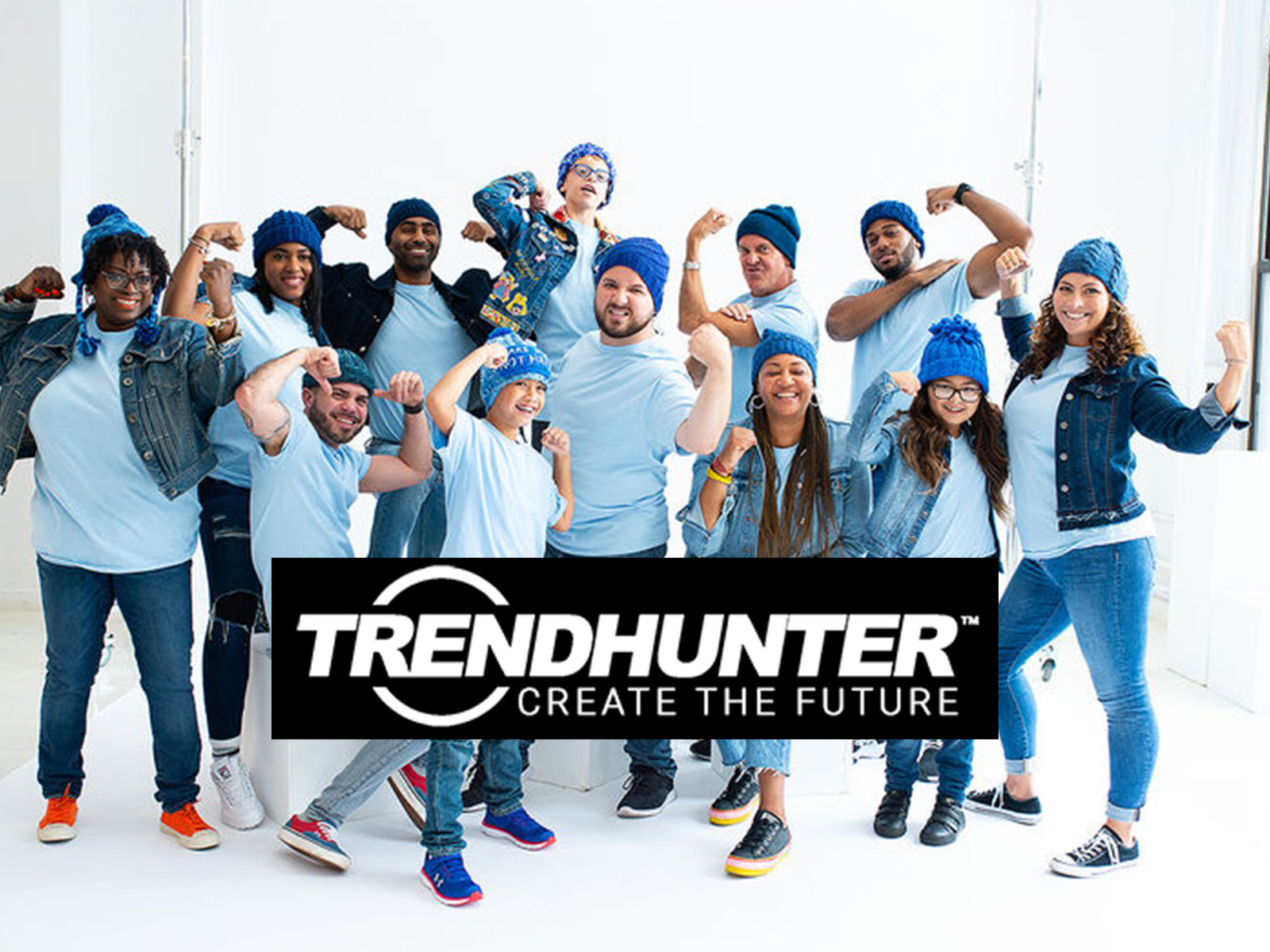Trendhunter logo overlaid on image of shira and friends in blue hats