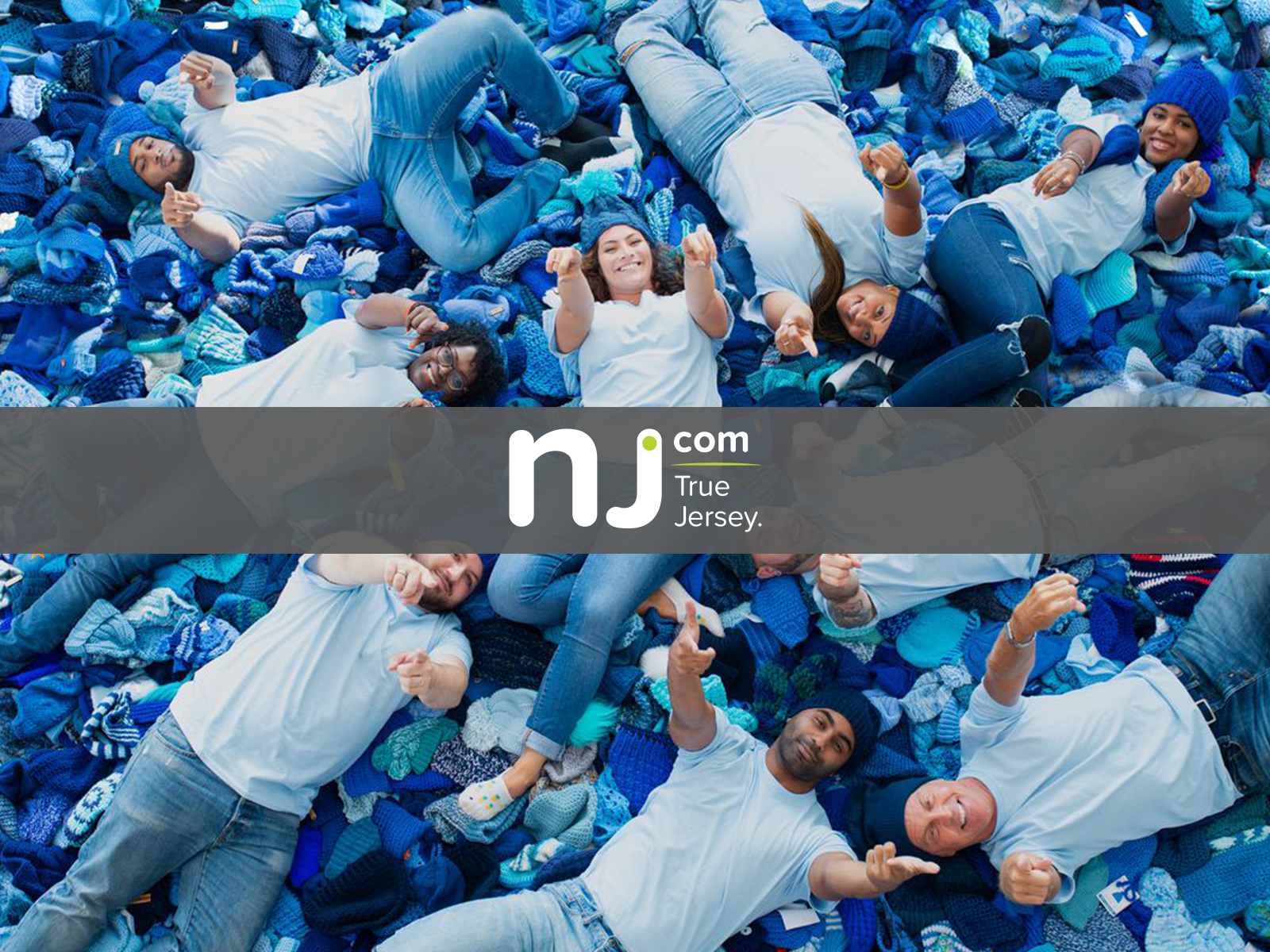 NJ.com logo overlaid on image of Shira and friends laying on pile of blue hats