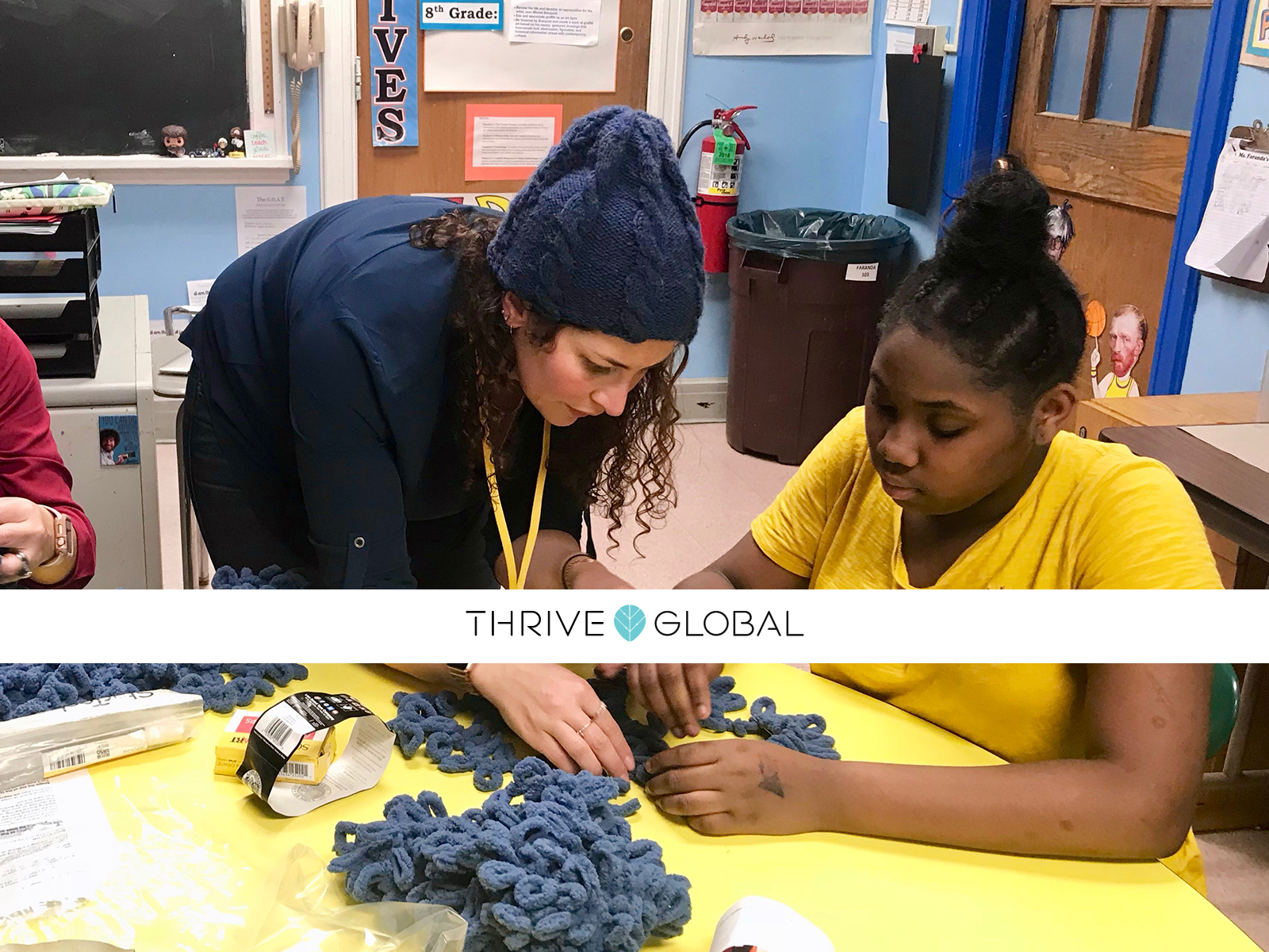 Thrive Global logo overlaid on image of Shira helping a student knit