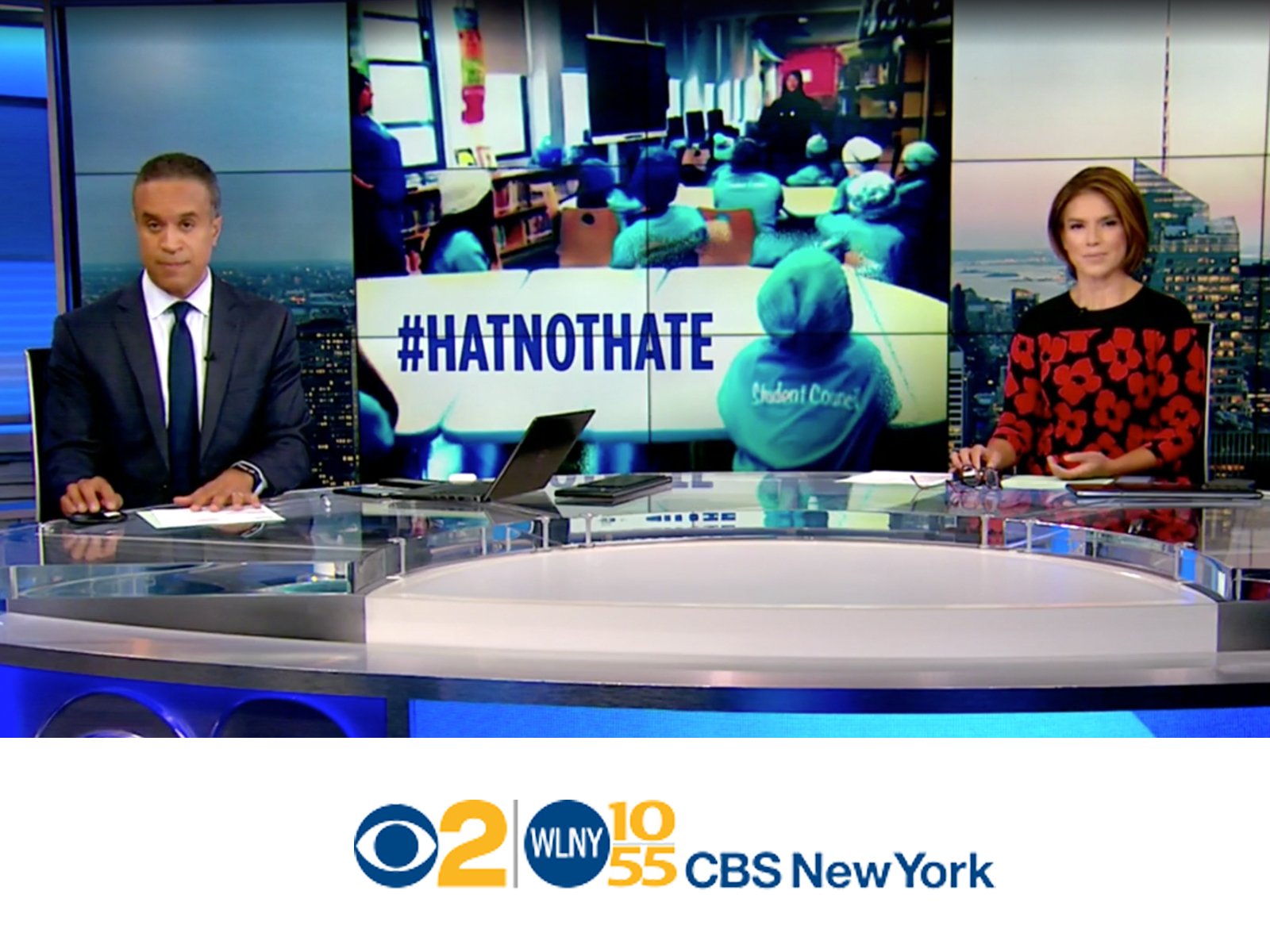 Screenshot from CBS New York news story about #HatNotHate
